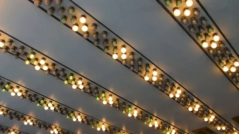 Flashing rows of incandescent round light bulbs on the bottom of a marquee. Stock Footage 107488430