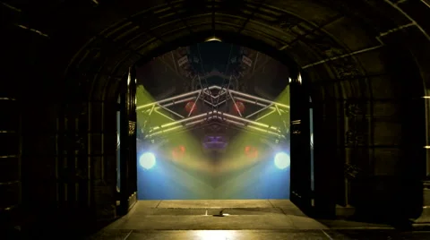 Flashing stage lights behind open doors 2 Stock Footage 980474
