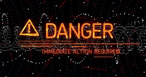 Flashing warning on screen, triangle icon, DANGER and IMMEDIATE ACTION REQUIRED Stock Illustration