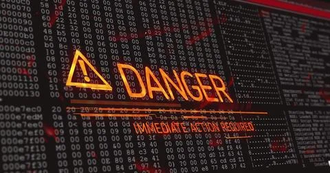 Flashing warning triangle with DANGER and IMMEDIATE ACTION REQUIRED on monitor 스톡 일러스트