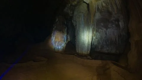 Flashlight Beam in Dark Underground Cave Passage Stock Photos