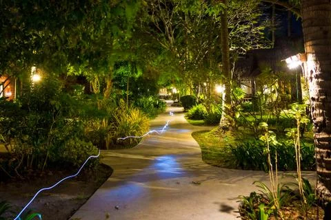 Flashlight beam, Freezelight at night on empty footpath through the village i Stock Photos