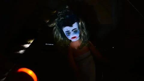 Flashlight beam illuminates the doll Stock Footage 135387773