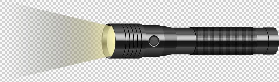 A flashlight with a focused beam of light, illuminating its surroundings in.. Stock Illustration