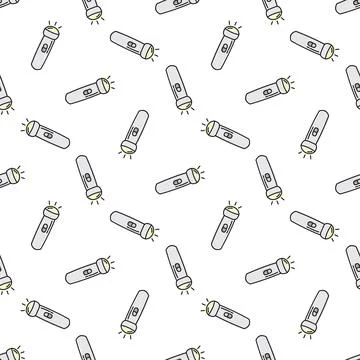 Flashlight hand drawn sketch. Seamless pattern. Cute torch seamless pattern i Stock Illustration