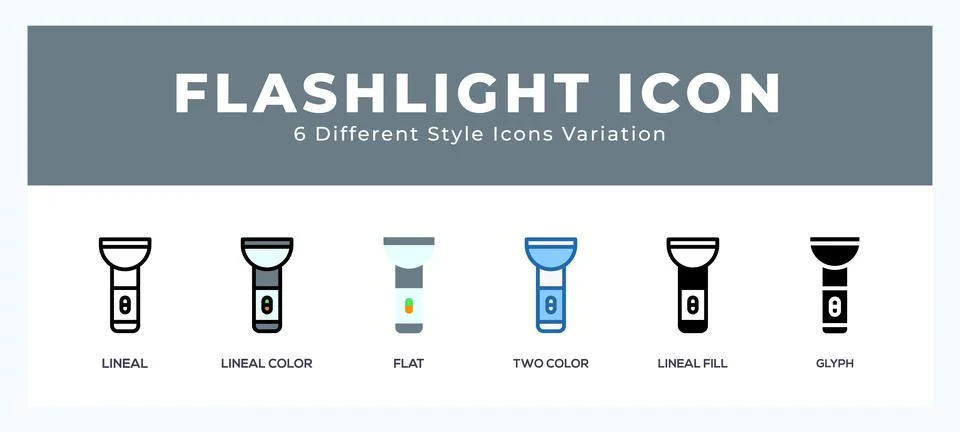 Flashlight icon set with different styles. Design elements for logo. Vector.. Illustrazione stock