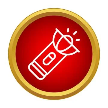 Flashlight icon with shining beam in a red and gold circle Stock Illustration
