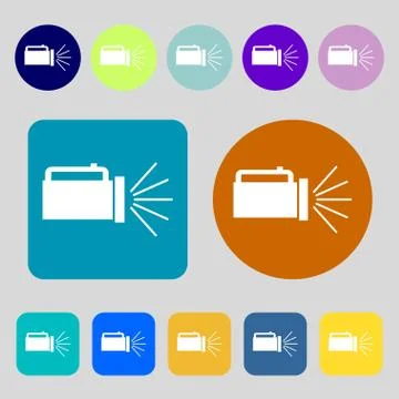 Flashlight icon sign. 12 colored buttons. Flat design. Vector Stock Illustration