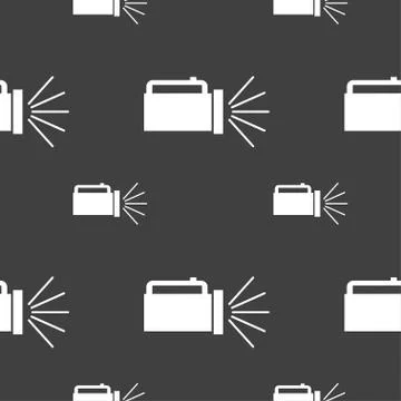 Flashlight icon sign. Seamless pattern on a gray background. Vector 스톡 일러스트
