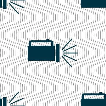 Flashlight icon sign. Seamless pattern with geometric texture. Vector Stock Illustration