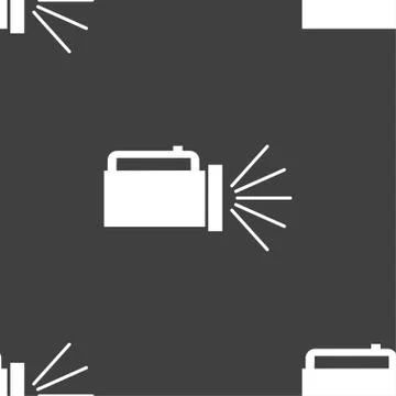 Flashlight icon sign. Seamless pattern on a gray background. Vector Stock Illustration