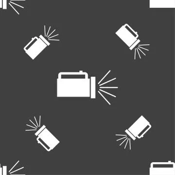 Flashlight icon sign. Seamless pattern on a gray background. Vector 스톡 일러스트