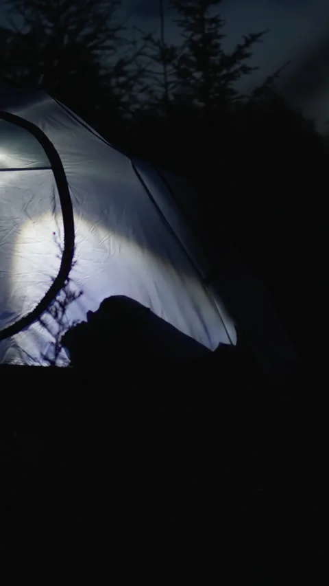 A flashlight illuminates a tourist tent during an overnight stay in the moun Stock Footage 331512899