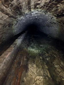Flashlight inside the cave. Catacomb labyrinth with no people inside. Stock Photos