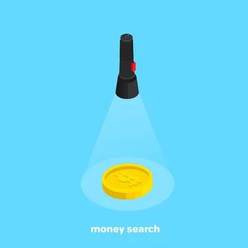 A flashlight shines on a lying coin, an isometric image Illustrazione stock