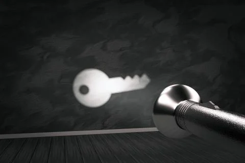 A flashlight shows the shape of the key on the wall. Stock Illustration