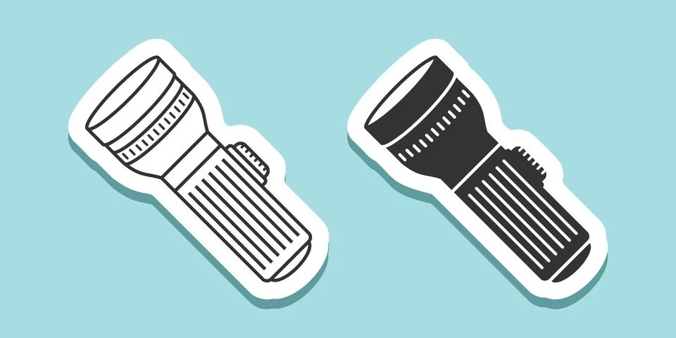 Flashlight sticker icon in flat style. Electric lamp vector illustration on.. Stock Illustration