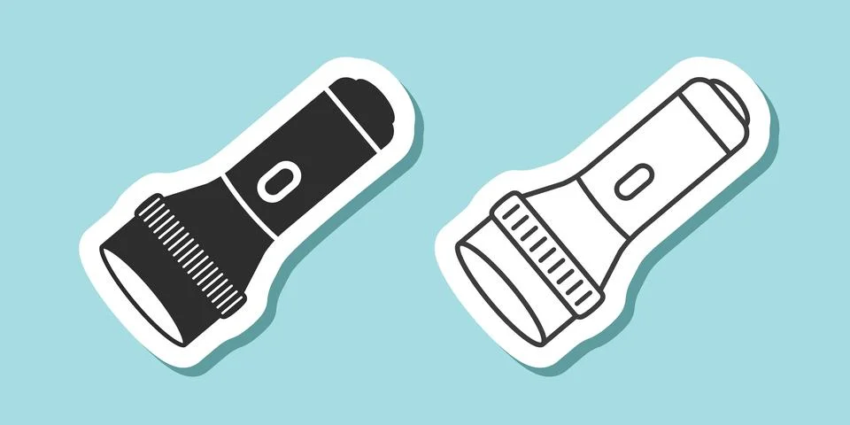 Flashlight sticker icon in flat style. Electric lamp vector illustration on.. Stock Illustration