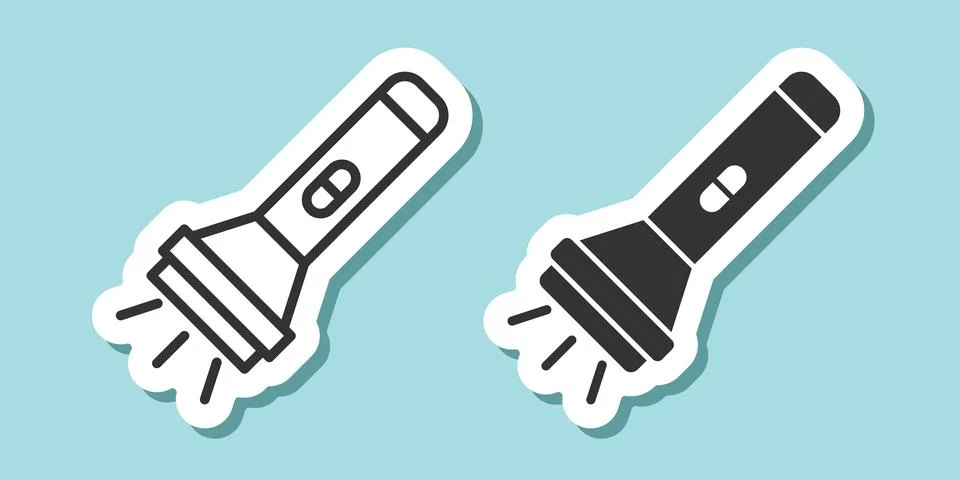 Flashlight sticker icon in flat style. Electric lamp vector illustration on.. Stock Illustration