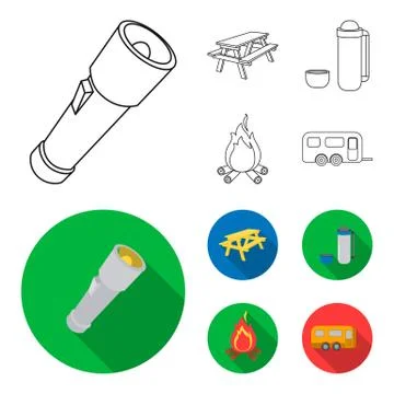 A flashlight, a table with a bench, a thermos with a cup, a caster. Camping set Illustrazione stock
