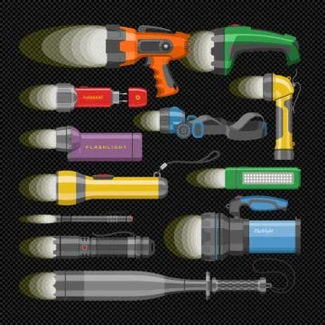 Flashlight vector flash-light lighting with spotlight or flashing light lamp Stock Illustration