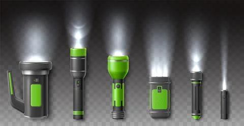 Flashlights with rays. Luminous realistic electric torches, flashing night lamps Stockillustratie