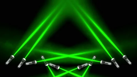 Flashlights rotate asynchronously and shine with green beams of light. Haze Stock Footage 146736283