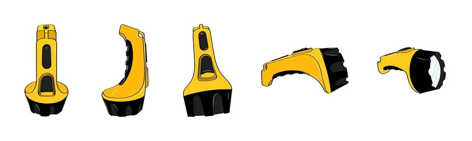 Flashlights vector illustration set. Camp flashlight from different sides. Stock Illustration