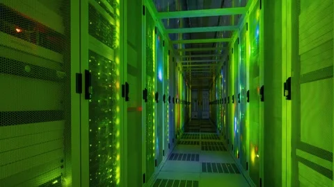Flasing lights in a corridor of a datacenter in the Netherlands Stock Footage 294987380
