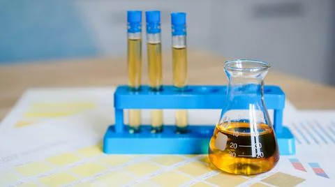 Flask and test tubes with urine on medical color schemes. Concept of analyzes Stock Photos