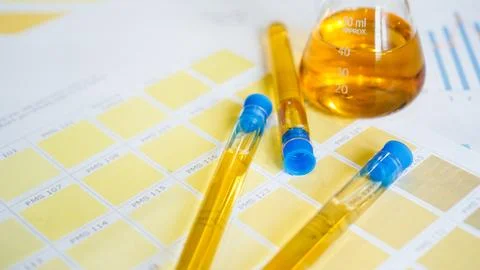 Flask and test tubes with urine on medical color schemes. Concept of analyzes Stock-Fotos