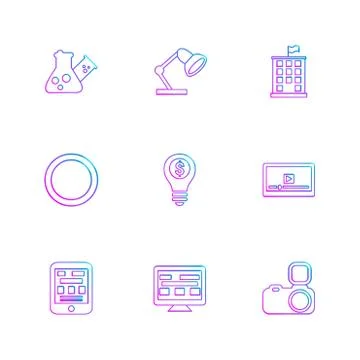 Flask , beaker, lamp , building , circle , idea , money , video , web , camer Ilustración de archivo