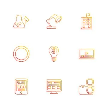 Flask , beaker, lamp , building , circle , idea , money , video , web , camer Ilustración de archivo