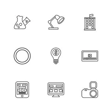 Flask , beaker, lamp , building , circle , idea , money , video , web , camer Ilustración de archivo