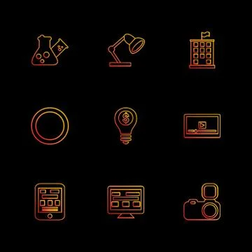 Flask , beaker, lamp , building , circle , idea , money , video , web , camer Ilustración de archivo