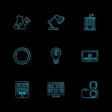 Flask , beaker, lamp , building , circle , idea , money , video , web , camer Ilustración de archivo