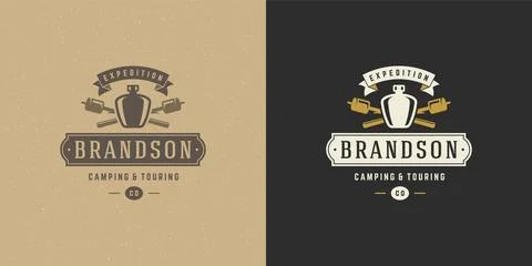 Flask, bottle camping logo emblem vector illustration forest hike leisure m.. Stock Illustration