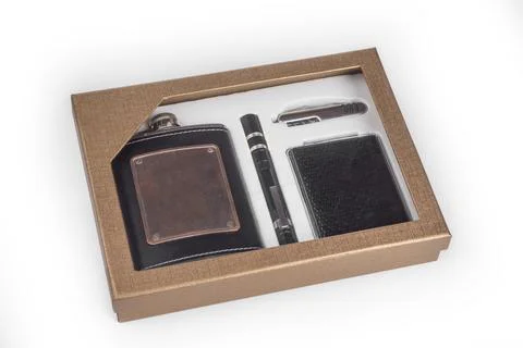 Flask Gift Box for men with flask, flash, knife, snuff box. Stock Photos