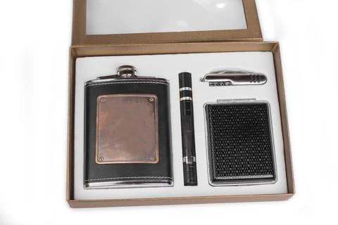 Flask Gift Box for men with flask, flash, knife, snuff box. Stock Photos