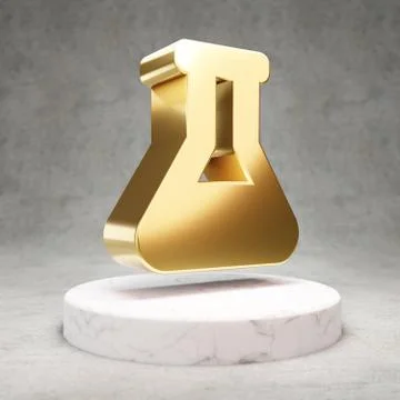 Flask icon. Shiny golden Flask symbol on white marble podium. Stock Illustration