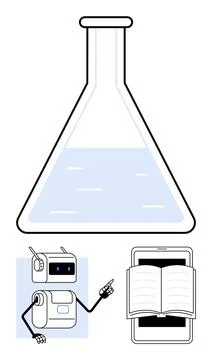 Flask with Liquid, Robot Pointer, and Open Book on Device Illustrating Scie.. Illustrazione stock