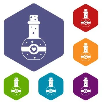 Flask of love elixir icons set Stock Illustration