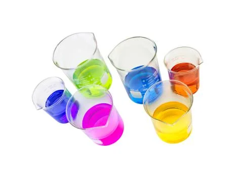 Flask with multicolor liquid isolated on white Foto stock