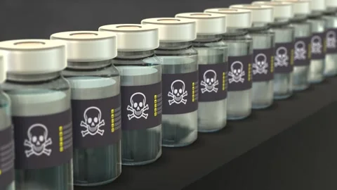 A flask of poison or a dose of toxic vaccine is on a dark ambient and the Stock Footage 146087889