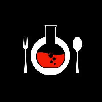 Flask with red liquid and bubbles on a plate, a fork and a spoon lie next to it Stock Illustration