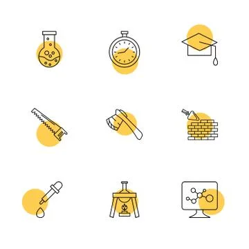 Flask , stopwatch , convocation hat,  saw , axe , wall ,dropper , flask , mon Illustrazione stock