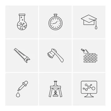 Flask , stopwatch , convocation hat,  saw , axe , wall ,dropper , flask , mon Stock Illustration