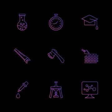 Flask , stopwatch , convocation hat,  saw , axe , wall ,dropper , flask , mon Illustrazione stock