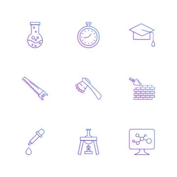 Flask , stopwatch , convocation hat,  saw , axe , wall ,dropper , flask , mon Illustrazione stock