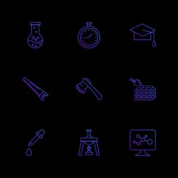 Flask , stopwatch , convocation hat,  saw , axe , wall ,dropper , flask , mon Illustrazione stock